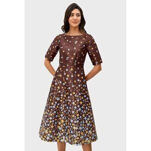 EShakti Woman's Sz 4x 28W Cascading Star Print Duponi Dress Brown Blue Yellow